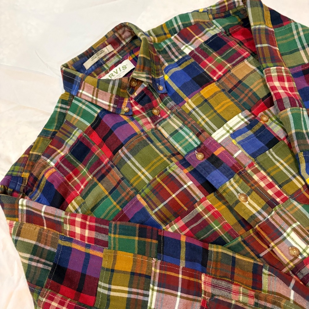 Orvis Mens Patchwork Plaid Flannel Button Down Sh… - image 1